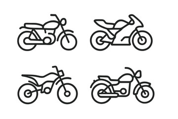 Fototapeta premium Motorcycle icon set. Minimalist line art of various bikes: sportbike, chopper, dirt bike, and classic. Motorbike vehicle transport symbol collection. Vector logo pictogram.