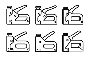 Set of six staple gun icons in minimalist black outline style, vector cartoon illustration with transparent background, office and construction tool collection, ordered set of staplers
