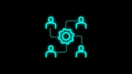 Glowing neon illustration of teamwork and collaboration connecting people with gears