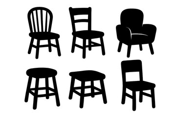 Chair silhouette collection. Set of six black furniture icons. Vector cartoon illustration of stool, armchair, wooden dining chairs. Home interior and seating concept design.
