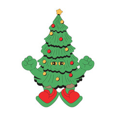 Tree christmas mascot retro character cartoon icon illustration