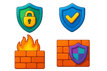 Colorful 3D cybersecurity icons with shields and firewalls. Vector cartoon illustration set for internet safety concepts. Data protection, network defense, security lock, approved check.