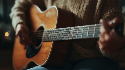 Fototapeta premium A close-up of a person playing an acoustic guitar, showcasing their hands on the strings, set in a cozy, warm atmosphere.