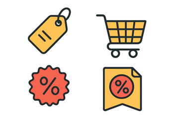 Shopping icons set with price tag, cart, discount percentage symbols. Vector e-commerce and retail pack. Modern linear style for online store, sale, and promotion design.