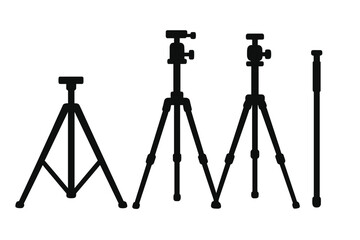 Set of tripod silhouettes for photography. Minimalist vector icons of camera stands. Professional photo and video equipment collection. Monopod and different tripods.