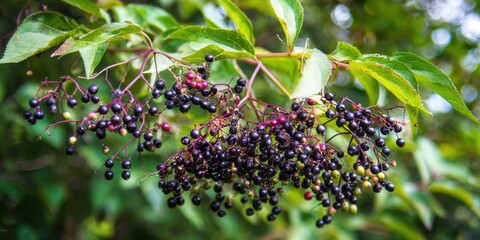 A close-up captures ripe elderberries hanging from a vibrant green branch in a natural setting.