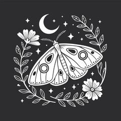 Elegant moth with crescent moon wings, celestial line art style, detailed stars and flowers around it, symmetrical, white on black, minimalist T-shirt design, no background