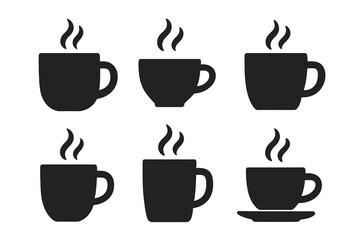 Coffee cup and mug silhouette icon set. Vector collection of hot drink symbols with steam. Minimalist flat graphic design elements for cafe, beverage, tea, or espresso logo.