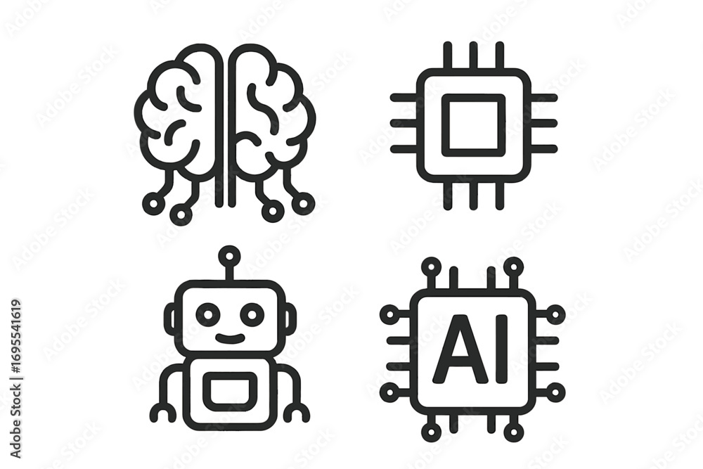 Poster technology simple linear icons set with brain, microchip, robot, and artificial intelligence symbols