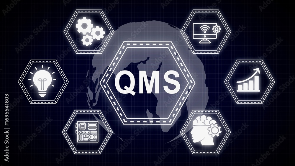 Aufkleber conceptual representation of quality management system with global icons and graphic elements