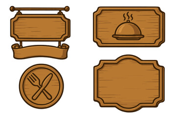 Vintage wooden signboard set with restaurant banner, fork and knife icon, steaming food cover, classic wooden frame labels, rustic vector illustration collection