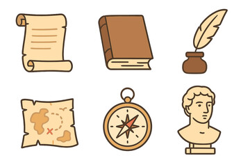 Set of historical icons. Scroll, book, quill, map, compass, bust in flat style. Vector cartoon illustration. History, education, writing, exploration, discovery concept.