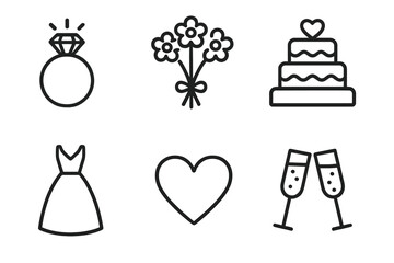 Minimalist wedding icons set with diamond ring, bouquet flowers, heart symbol, tiered cake, bridal dress and champagne glasses, romantic celebration, vector cartoon illustration collection