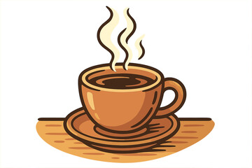 Obraz premium Steaming cup of coffee on table with warm steam rising, cozy morning routine beverage illustration, brown coffee cup and plate vector, cartoon style hot drink, relaxing coffee break