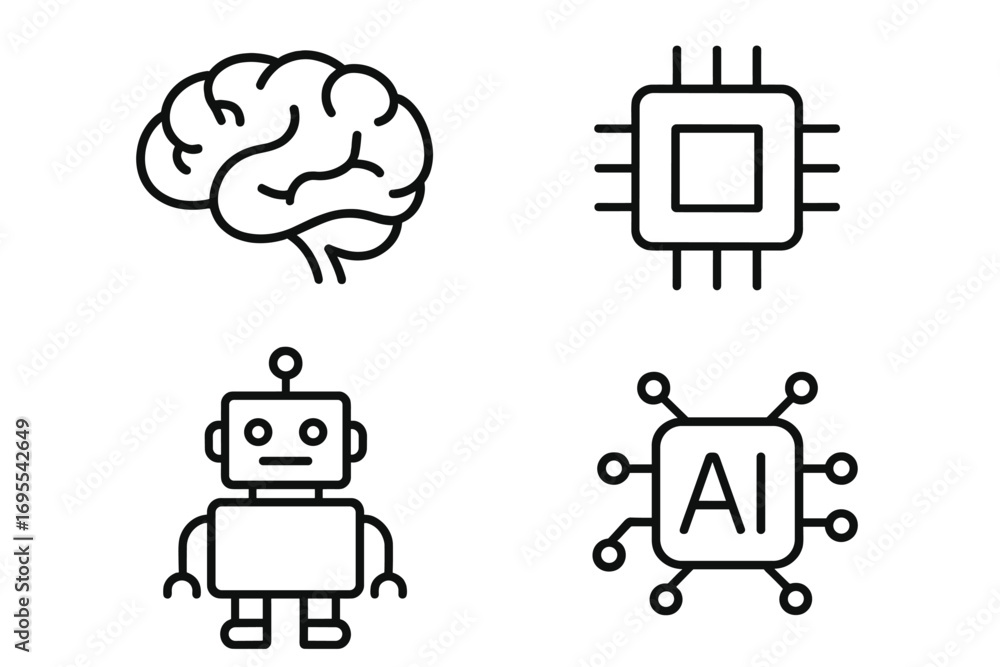 Poster technology icon collection with brain, chip, robot, and artificial intelligence symbols. vector cart