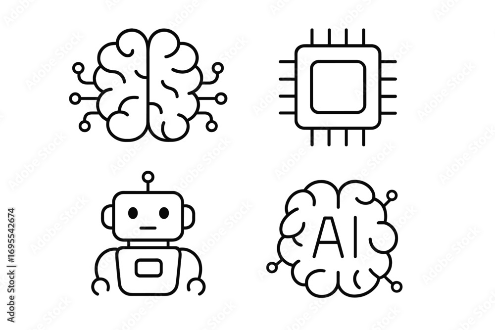 Poster technology icon collection with brain chip robot and artificial intelligence symbols for digital des