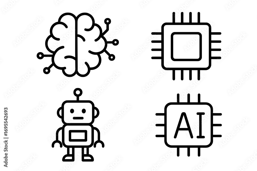 Poster technology icon pack with brain chip robot and artificial intelligence symbols, vector cartoon set f