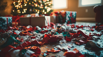 Post-holiday celebration mess with ripped wrapping paper and scattered ribbons on floor, festive chaos symbolizing gift opening excitement and seasonal family gatherings