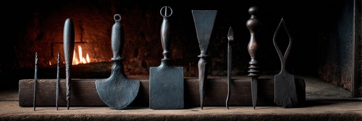 Collection of Antique Blacksmithing Tools Arranged on a Wooden Beam in Front of a Warm Glowing Fireplace Setting
