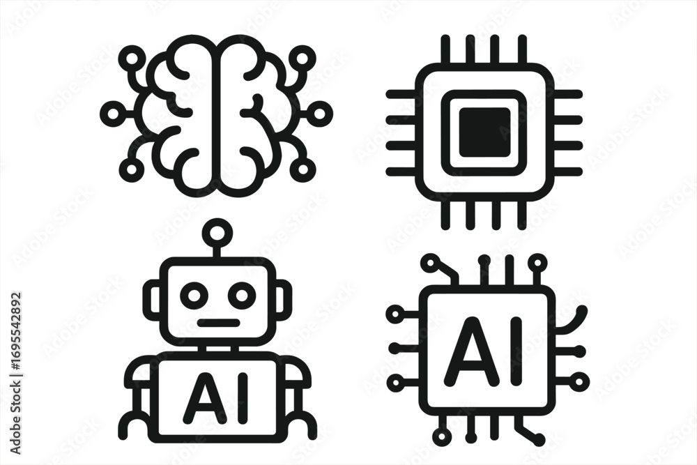 Poster technology minimalistic linear icons of brain, microchip, robot with ai concept, artificial intellig