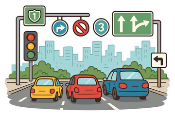 Urban traffic signals and numbered route signs guiding drivers through city streets during daylight, showing road rules, direction indicators, and traffic control, vector cartoon