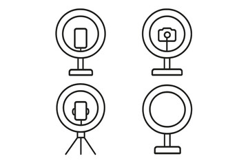 Ring light line art icon set for content creation and vlogging. Minimalist vector symbols for streaming, social media, phone, camera, video production, and lighting equipment.