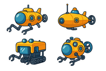Underwater exploration vehicles for marine discovery and oceanic research missions, submarine robots, remotely operated vehicles, deep-sea exploration technology, vector cartoon illustration
