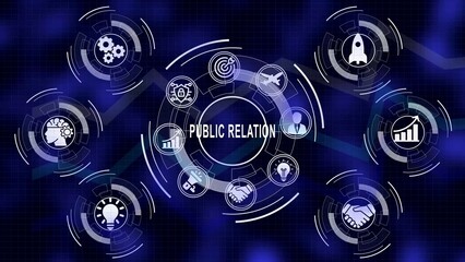 Fototapeta premium Public relations concept depicted with digital icons on a dark blue gradient background