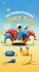 Vibrant graphic celebrates International Joke Day with a jester's crown, a chicken, and a banana, highlighting the date, July 1st, in a fun, cartoon style.