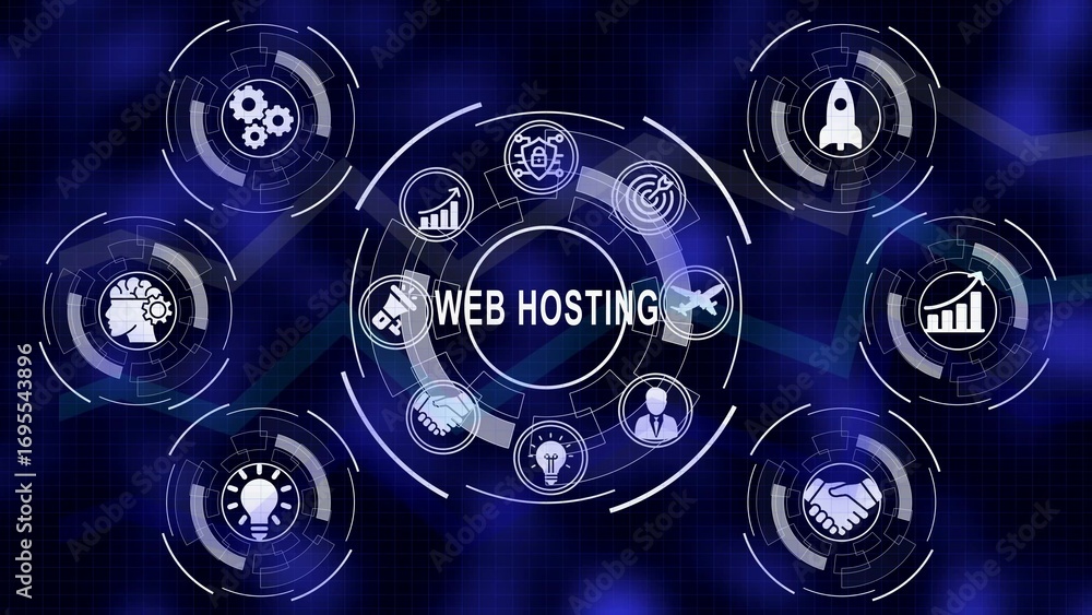 Poster web hosting concept illustration showcasing technologies and business development strategies