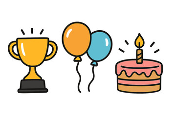 Milestone celebration icon set. Vector cartoon illustration of a trophy for achievement, birthday cake with candle, and party balloons. Simple flat design for success.