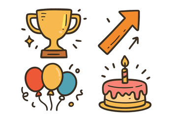 Milestone celebration doodle icon set. Success and achievement concept. Trophy for winner, growth arrow, party balloons, birthday cake. Vector cartoon illustration elements.