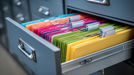 A colorful drawer filled with neatly organized file folders in various hues, showcasing an efficient filing system for documents.