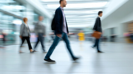 Fototapeta premium Blurred motion of people walking through underground subway tunnel. 
