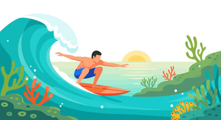 A Surfer Riding The Majestic Wave With Lush Coastal Flora At Sundown, Vibrant Scene