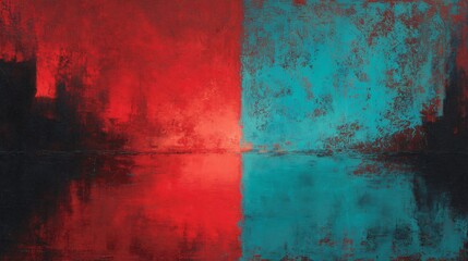 Bold abstract expressionism showcases fiery red and cool teal tones in a textured composition.