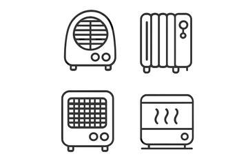 Set of portable electric heaters line icons. Minimalist vector cartoon illustration of various heating appliances. Fan heater, oil radiator, convector pictogram collection.