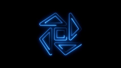 Abstract glowing neon symbol design in bright blue against a stark black background.