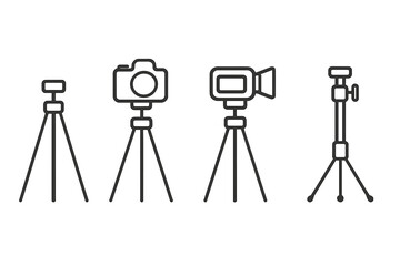 Camera on tripod line icon set. Photo and video camera on stand. Photography and videography equipment symbols. Minimalist outline vector illustration for studio gear concept.
