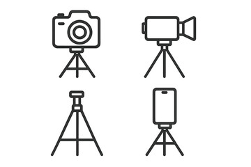 Obraz premium Minimalist linear tripod icons set for photography and videography. Vector illustration of a camera, camcorder, and smartphone on a stand. Vlogging and content creator gear.