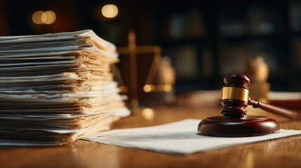 A close-up of a gavel next to a stack of legal documents, symbolizing justice and the legal process in a courtroom setting.