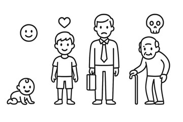 Visual representation of life stages symbolism with baby, child, adult, elderly, emotions, love and death icons in simple line art cartoon vector illustration set