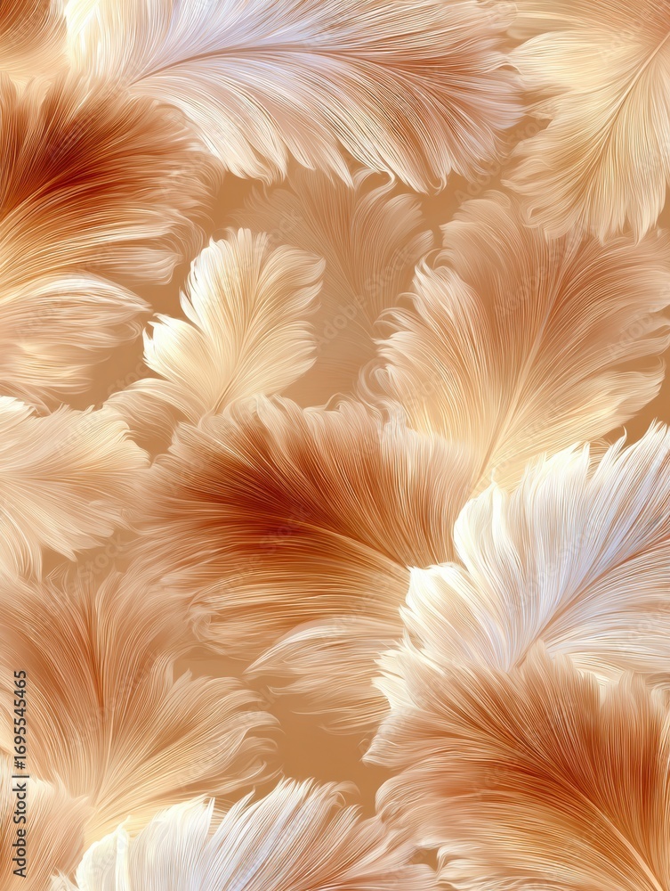 Poster abstract design of feathers in warm tones with soft texture showcasing intricate details and flowing