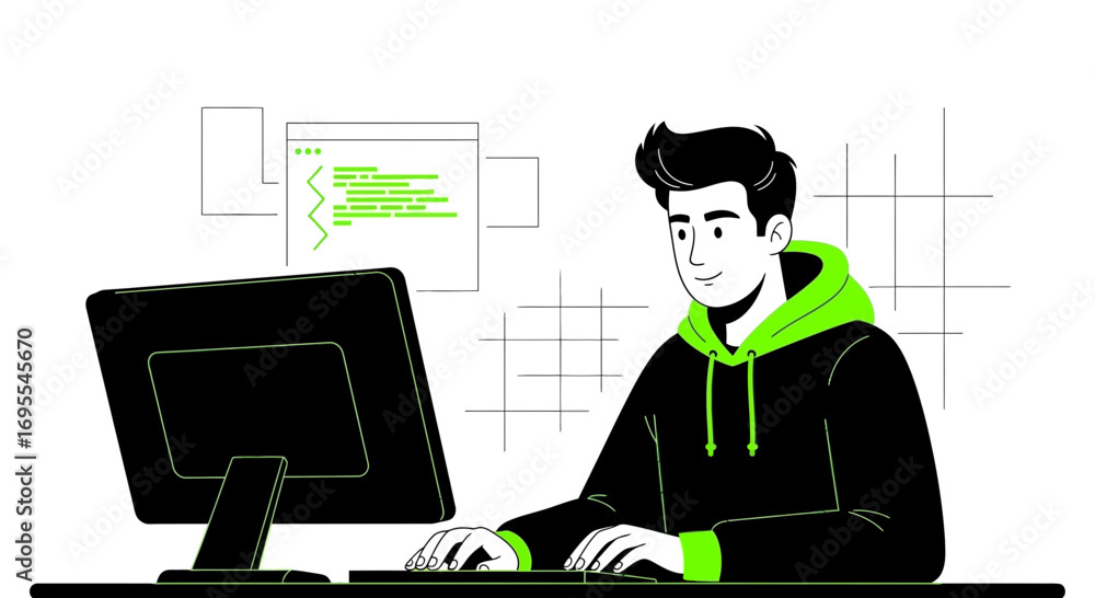 Wall mural programmer working on computer, coding, creating new software with modern technological approach