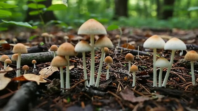 A cluster of mushrooms rises from the forest floor surrounded by leaves and branches.