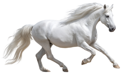 Galloping White Horse with Flowing Mane and Tail in Dynamic Motion on a Transparent Background for Equine Art