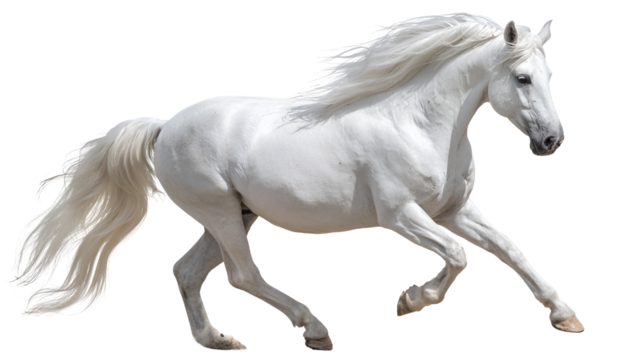 Galloping White Horse with Flowing Mane and Tail in Dynamic Motion on a Transparent Background for Equine Art