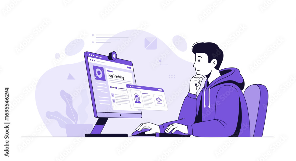 Wall mural software developer analyzing bug tracking interface on a computer in modern illustration style