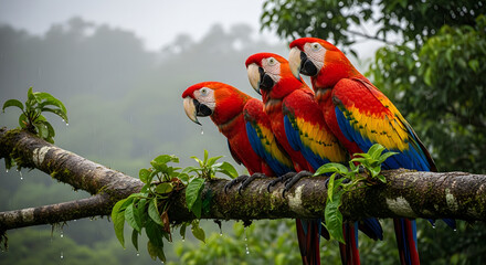 Three Scarlet Macaws Perch On a Branch to Take Refuge From The Rain Deep in the Amazon Rainforest