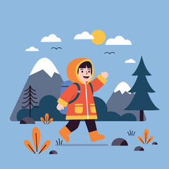 Fototapeta premium A cheerful child in a colorful coat and backpack explores nature, hiking through the great outdoors. This flat design vector illustrates adventure, curiosity, and a love for exp...